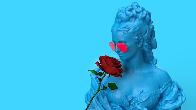 3d geef buste van een vrouw terug die een roze standbeeld snuift blauw rood romantische achtergrond liefde aroma