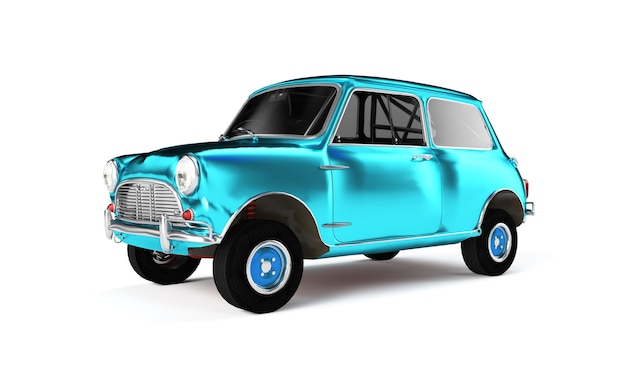 3d geef mini-auto terug die op witte achtergrond wordt geïsoleerd