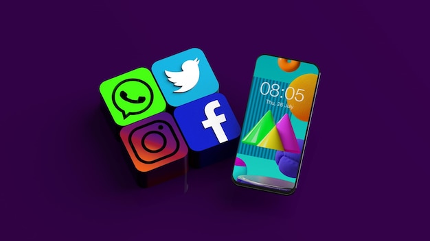 3D GEEF SOCIALE MEDIA EN VLIEGENDE ANDROID SMARTPHONE TERUG