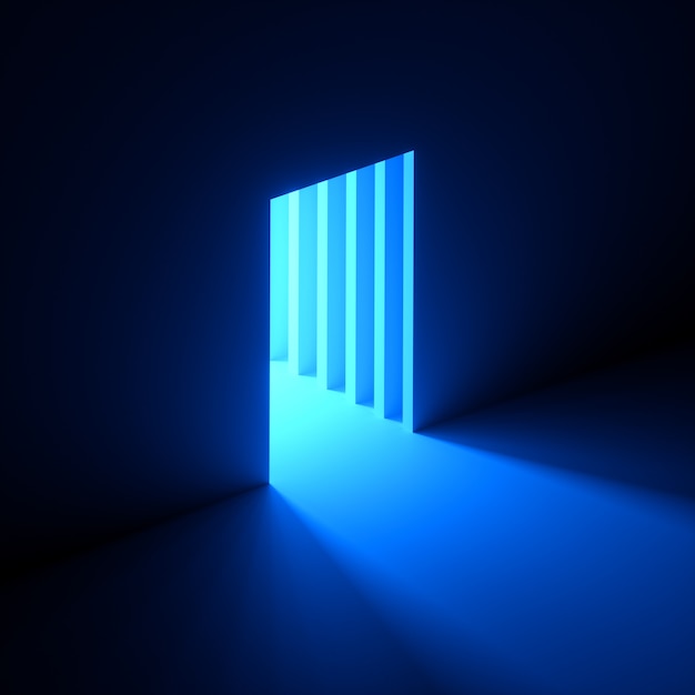 3d geef van abstract blauw neonlicht terug dat uit het gat in de muur gaat