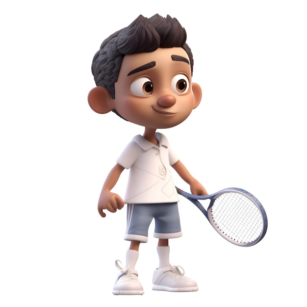 3D geef van een Kleine Jongen met tennisracket terug die op witte achtergrond wordt geïsoleerd
