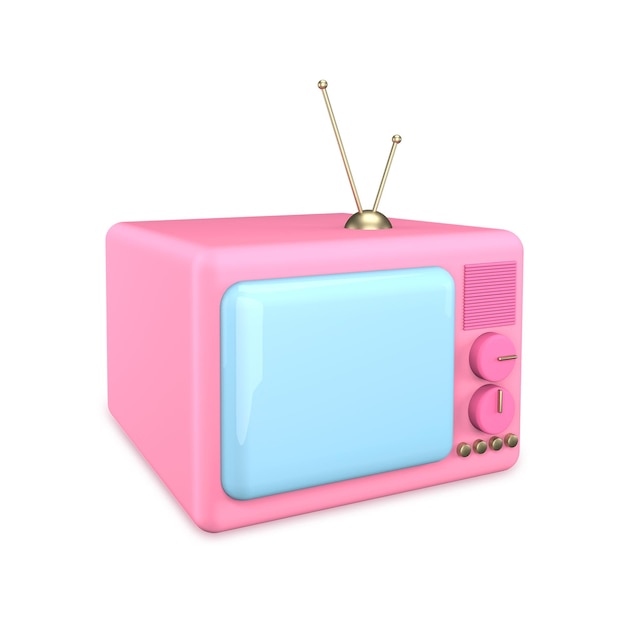 3d geef van een oude tv terug. roze cartoon tv met blauw scherm geïsoleerd op een witte achtergrond. schoonheid nieuws concept.