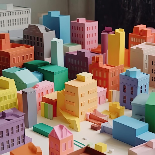 3D geef van kleurrijke huizen op de architecturale achtergrond van de stad terug