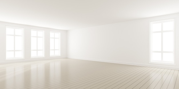 3d geef van moderne lege ruimte met houten vloer en grote witte duidelijke muur terug.