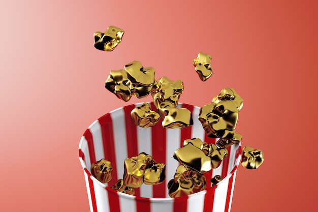 3d geef van zwart-wit gouden popcorndoos terug. Levitatie voedsel. Bioscoop snack concept