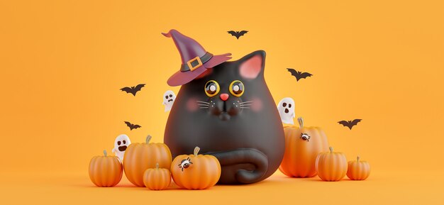 3d geef van zwarte kat met halloween-concept terug.