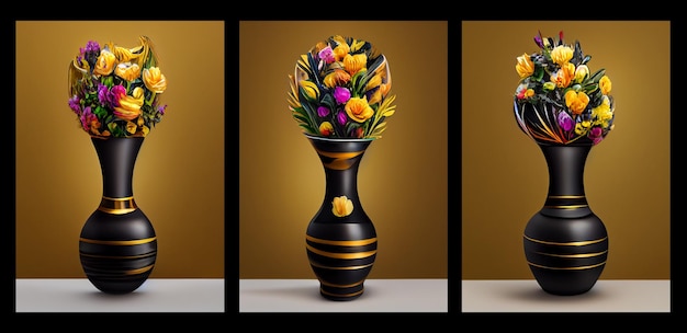 Foto 3d geef zwarte gouden vazen met rode bloemen en donkerbruine achtergrond terug. digitale kunst voor wanddecoratie