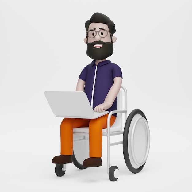 3D-gehandicapte man komt werken met rolstoel Happy