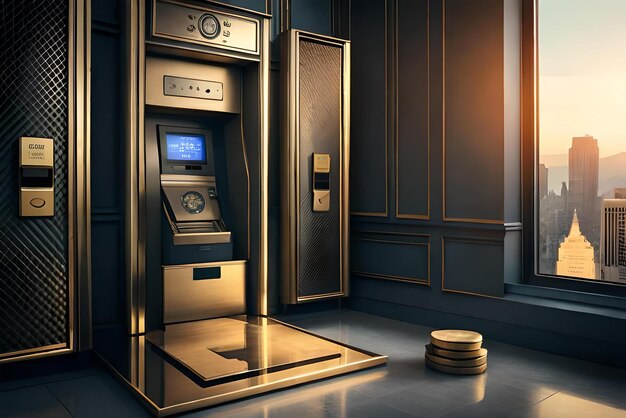 Foto 3d-geldautomaat er komt geld uit en het geld valt op de grond