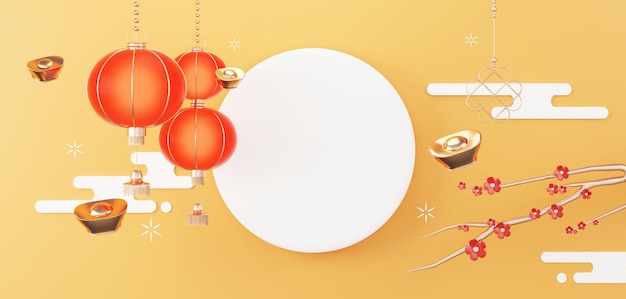 3D Gelukkig Chinees nieuwjaar met het jaar van Konijn achtergrond Bovenaanzicht Wit frame Nieuw maanjaar