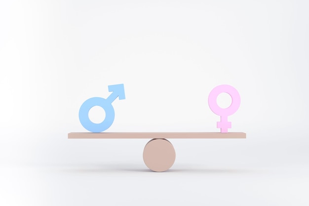 3D. Gender equality concept. Gender symbols balancing on wooden seesaw.