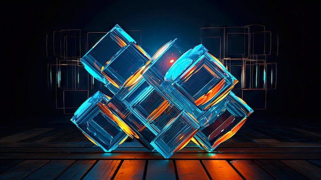 3d geometric art wallpaper neon color cubes and lights graphic shapes of dark cyan and amber colors generative ai illustration