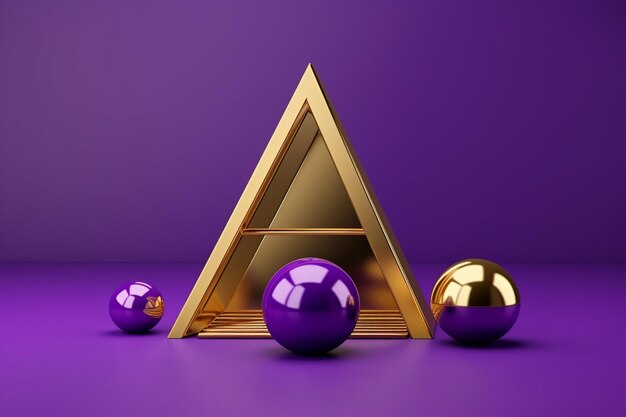 Фото 3d геометрическая фиолетовая сцена для размещения продукта с латунистыми объектами в левитации и редактируемом цвете