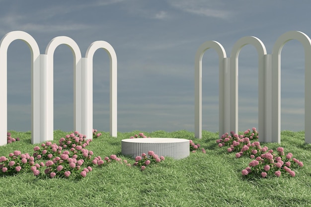 3d geometrische podium mockup blad tropisch natuurlijk concept voor showcase groen gras achtergrond