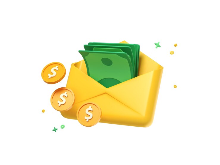 3D Geopende envelop met geld en zwevende munten Cash bonus Betaling of factuur ontvangen Salarisrekening Verzenden dollar in mail Cartoon creatief ontwerp icoon geïsoleerd op witte achtergrond 3D Rendering