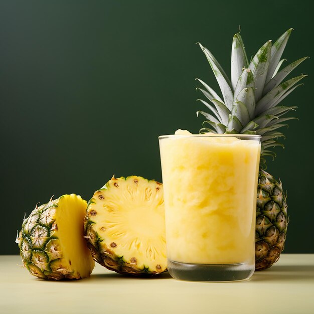 3D-gerenderd beeld van een glas ananas slush naast slice en ananas stijlvol drankje