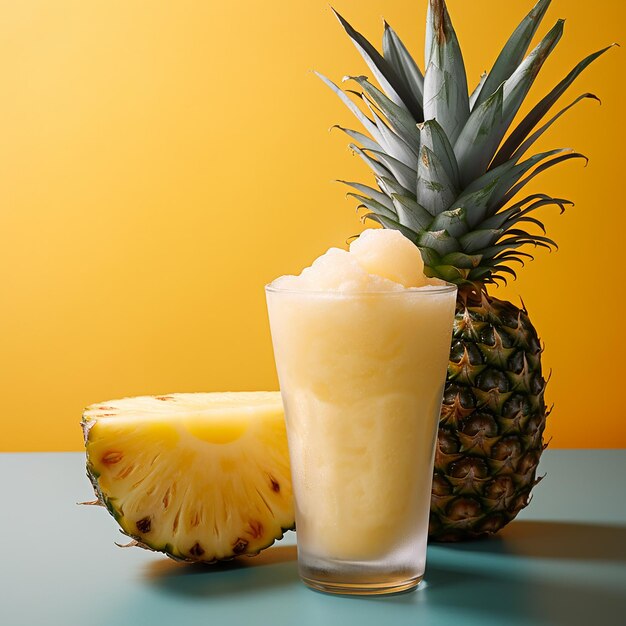 3D-gerenderd beeld van een glas ananas slush naast slice en ananas stijlvol drankje