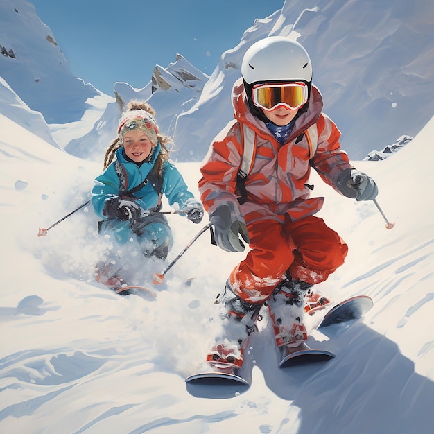 3D-gerenderd beeld van kinderen die in de winter in diepe sneeuw de helling af skiën