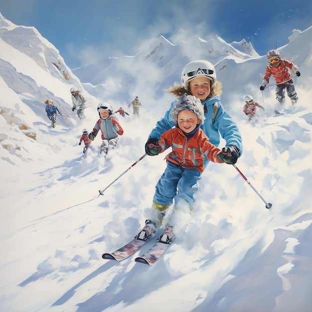 Foto 3d-gerenderd beeld van kinderen die in de winter in diepe sneeuw de helling af skiën