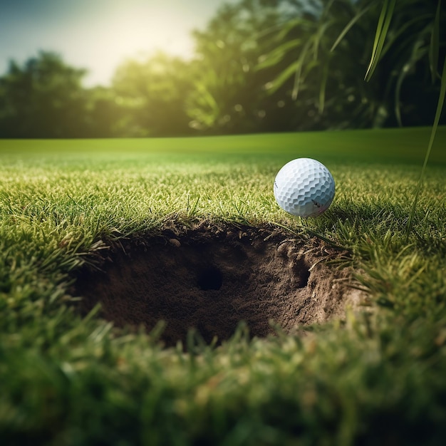 3D gerenderd close-up realistisch beeld van een golfbal op grasgrond in de buurt van de beker