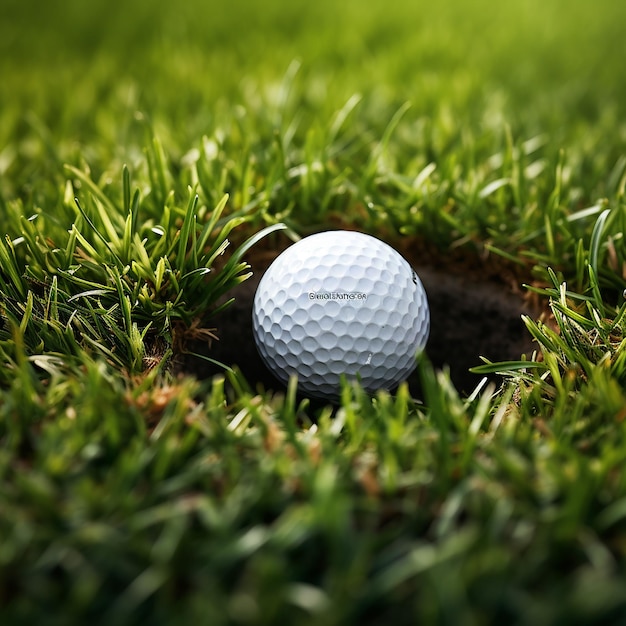 3D gerenderd close-up realistisch beeld van een golfbal op grasgrond in de buurt van de beker