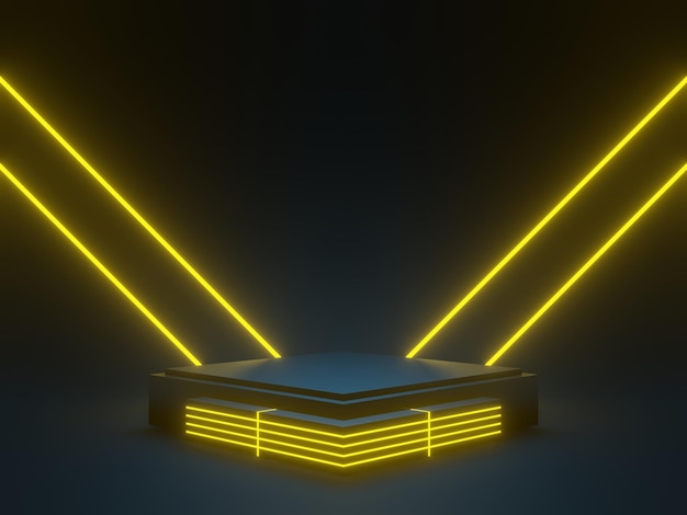 3D gerenderd donkerblauw podium met gele neonlichten SciFi mock up