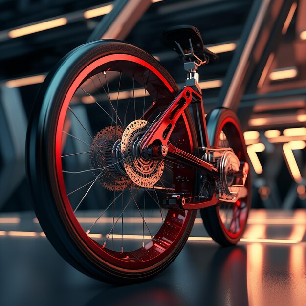 Foto 3d gerenderd een close-up van een fiets met een rode rem en koolstof stuur