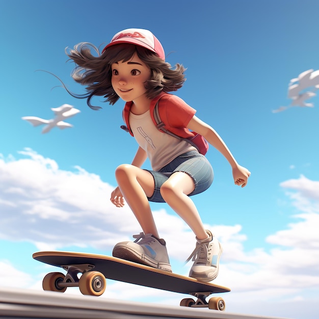 3d gerenderd meisje op een skateboard geniet van schaatsen