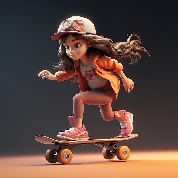 Foto 3d gerenderd meisje op een skateboard geniet van schaatsen