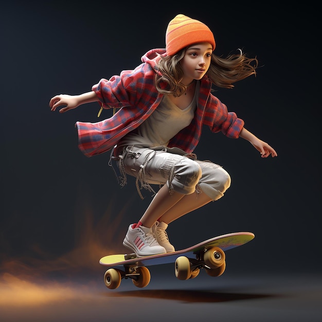 3d gerenderd meisje op een skateboard geniet van schaatsen