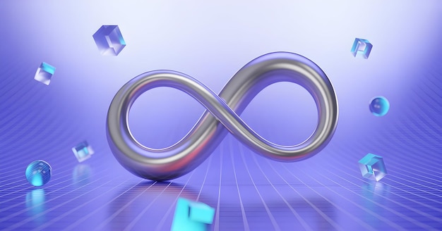3D-gerenderd oneindigheidssssymbool met drijvende geometrische vormen