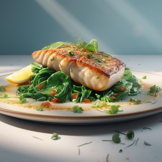 3d gerenderd Savory Delight Witte visfilet steak met groenen