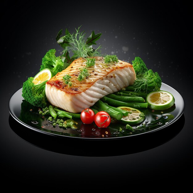 3d gerenderd Savory Delight Witte visfilet steak met groenen