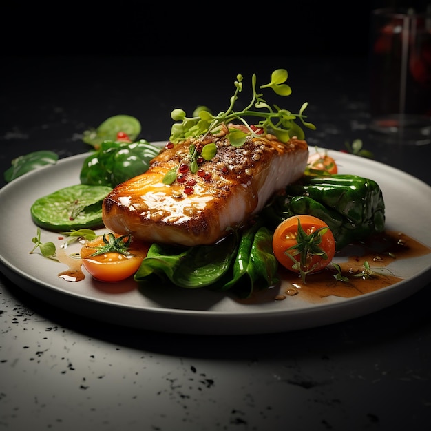 3d gerenderd Savory Delight Witte visfilet steak met groenen