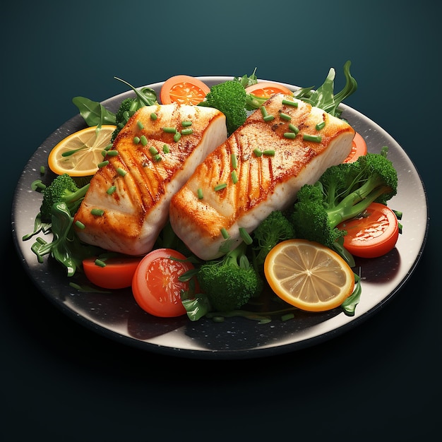 3d gerenderd Savory Delight Witte visfilet steak met groenen