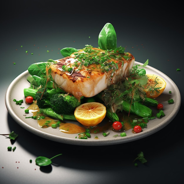 3d gerenderd Savory Delight Witte visfilet steak met groenen