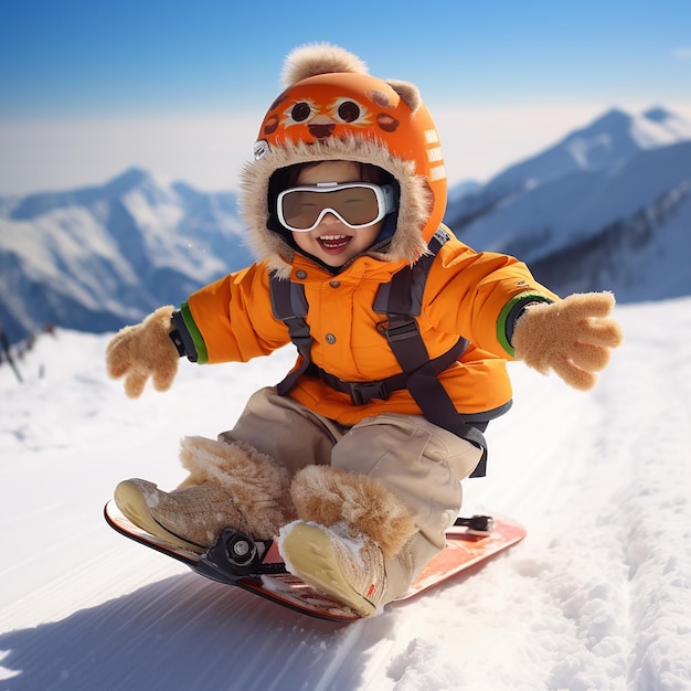 3D gerenderd schattig kind met volledig kostuum snowboardt de helling af