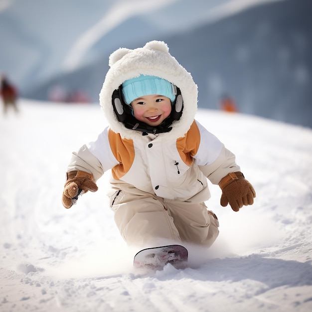 3D gerenderd schattig kind met volledig kostuum snowboardt de helling af