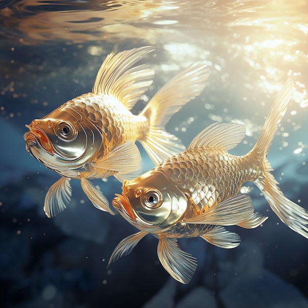 3D gerenderd twee gouden visfolie in het glinsterende heldere water prachtige bochten in het zonlicht