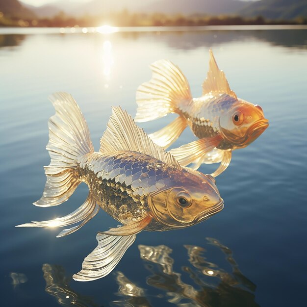 3D gerenderd twee gouden visfolie in het glinsterende heldere water prachtige bochten in het zonlicht