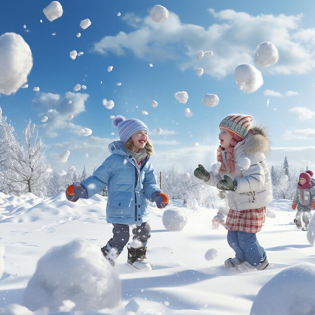 3d gerenderd ultra realistische kinderen spelen en genieten in de sneeuw