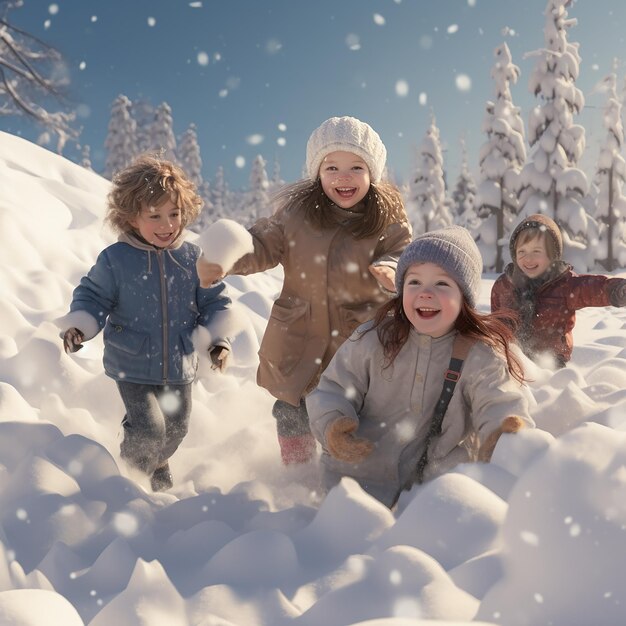 3d gerenderd ultra realistische kinderen spelen en genieten in de sneeuw