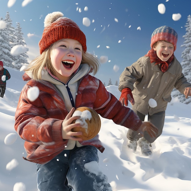 3d gerenderd ultra realistische kinderen spelen en genieten in de sneeuw