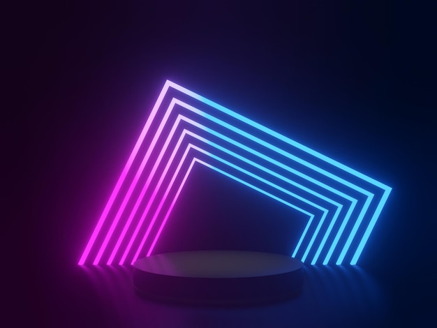 3D gerenderd zwart geometrisch podium met neonlicht Donkere achtergrond