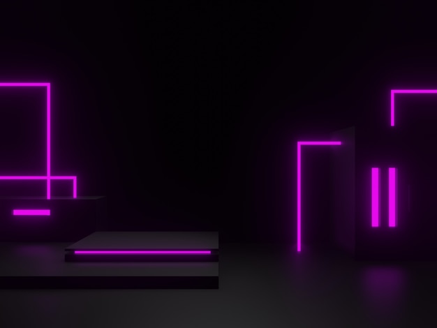 3D-gerenderd zwart wetenschappelijk podium met paarse neonlichten