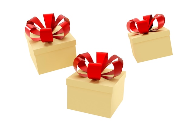 3D-gerenderde afbeelding gouden geschenkdozen afgesloten met rood lint boog vakantie verrassing vak