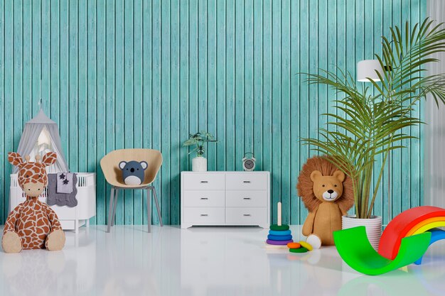 3D-gerenderde afbeelding van een kinderkamer met kinderbed en schattige knuffels