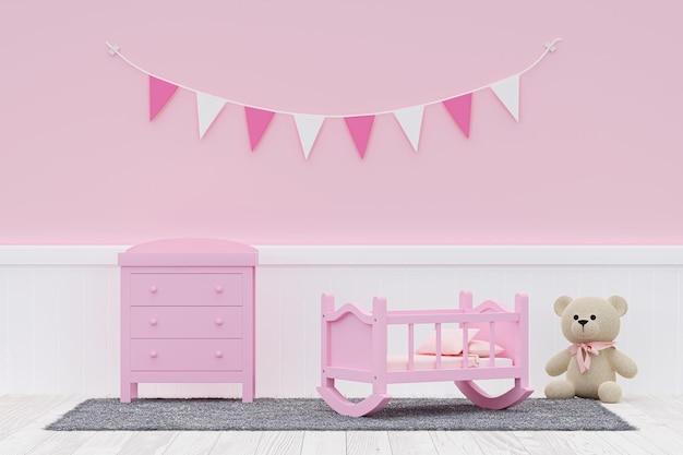 3d-gerenderde afbeelding van een minimale roze en witte kinderkamer