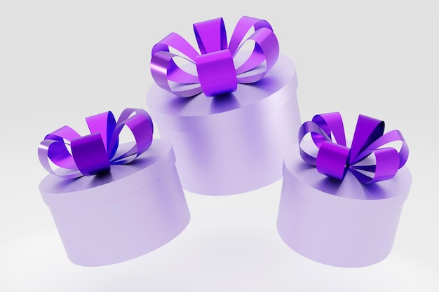 Foto 3d-gerenderde afbeelding zilveren geschenkdozen afgesloten met paars lint boog vakantie verrassing vak