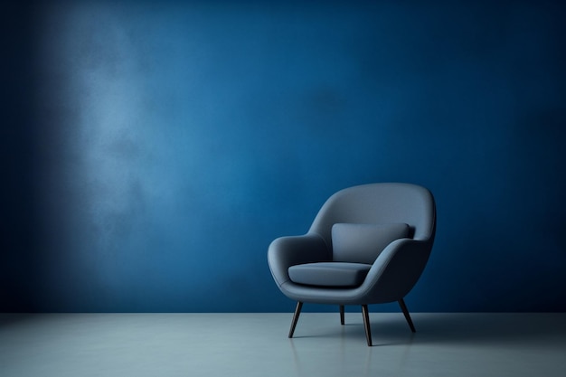 3D-gerenderde blauwe stoel tegen blauwe muur in woonkamerinterieur met kopieerruimte